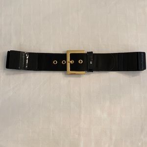 Carlisle Vintage Black Stretch Statement Belt Gold Buckle Patent Leather Satin